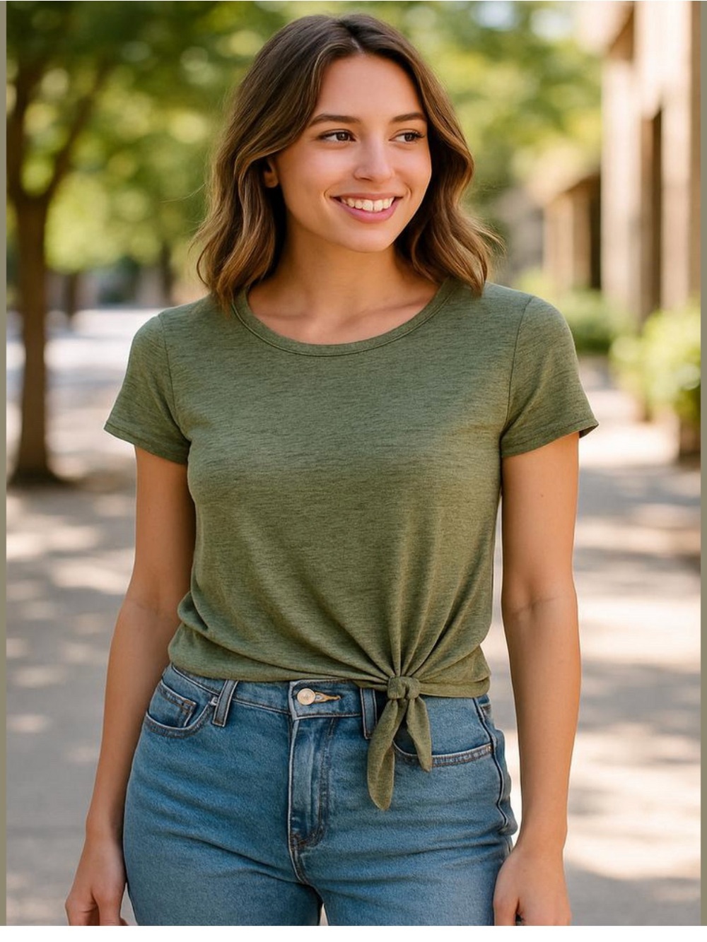Derek Heart Olive Green Short Sleeve Knot-Front Tee